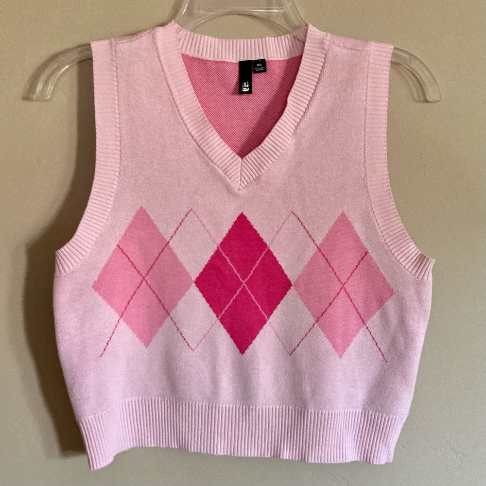 Garage Pink Argyle Cropped Knit Vest Preppy Barbie Size L